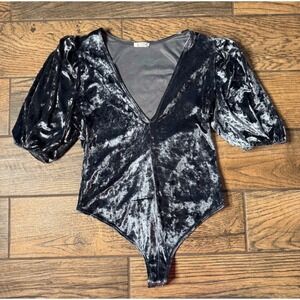 Free People‎ Velvet Puff Sleeve Plunging V Neck Thong Bodysuit Black Small